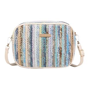 2023年新款条纹拉链宽肩带编织草编包时尚简约单肩斜挎包一件代发