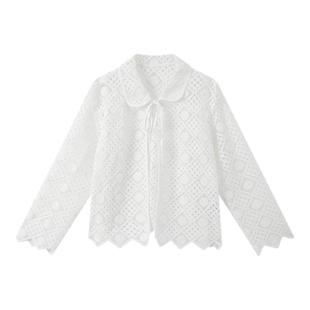 LILY2025新款女装设计感法式镂空菱格水溶绣花翻领休闲白色外套