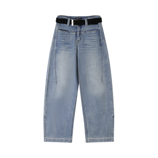 熙薇SIVI高弹弯刀牛仔裤女一字口袋冬季加绒百搭宽松版水洗阔腿裤