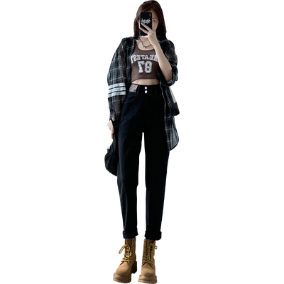 佩艳老爹裤牛仔裤女九分黑色高腰