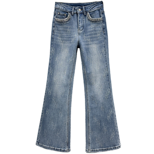 烫钻微喇牛仔长裤女潮2026年新款春装高腰修身显瘦百搭镶钻喇叭裤