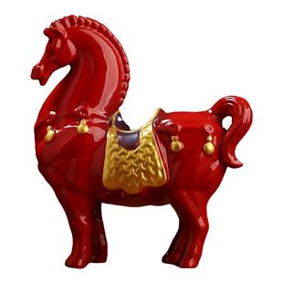 中国红国风陶瓷红色战马摆件创意马上有钱家居客厅办公室桌面装饰