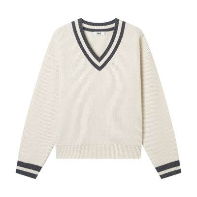 森马文艺叠穿撞色V领宽松毛衣女