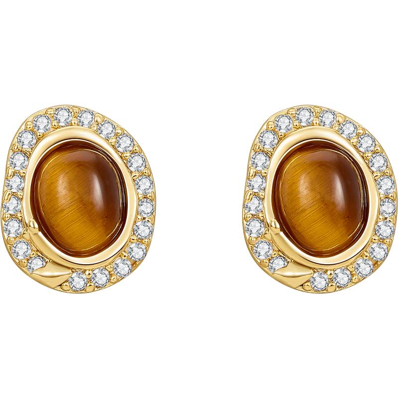 JAY美拉德虎眼石耳钉轻奢复古耳环2025新款金色耳饰秋冬高级感