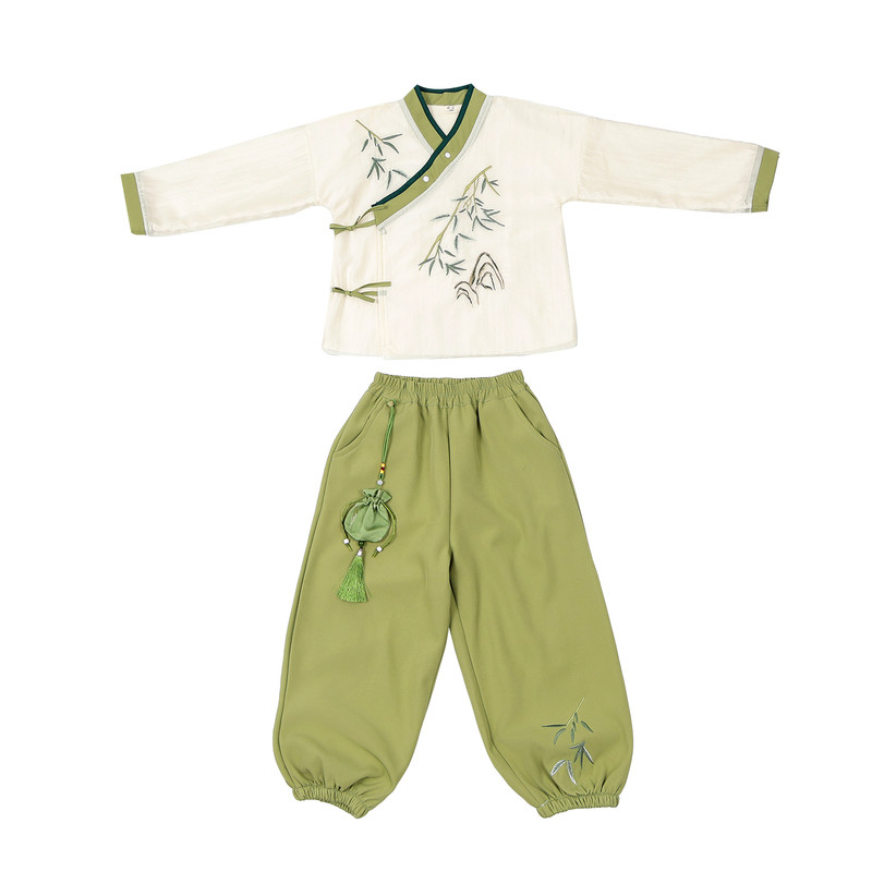 幼儿园加绒汉服秋冬季上春山表演服男女宝宝绿色国学元旦演出服装