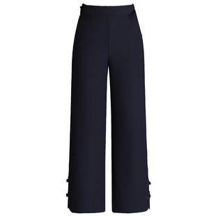 中式羊毛呢盘扣阔腿裤高腰松紧直筒裤九分裤国风小个子妈妈裤靴裤