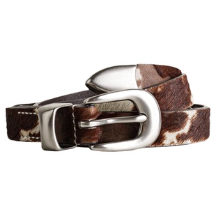 马登复古黑色豹纹百搭马毛感针扣头细窄款小真牛皮皮腰带配装饰女