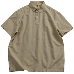 棉麻混纺半袖衬衣 男士套头半开领设计上衣 宽松透气翻领短袖衬衫