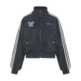 时尚三条纹绒面宽松轻薄棉服夹棉外套女秋冬adidas阿迪达斯三叶草