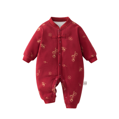 小聪熊婴儿衣服秋冬夹棉连体衣红