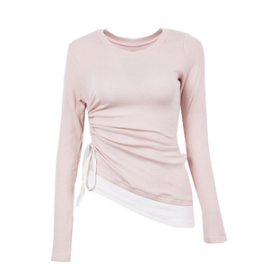 奔跑吧卡卡运动上衣女撞色绑带瑜伽服中长款修身显瘦长袖健身服T