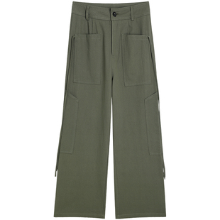 ebenb 军绿色美式工装裤女春秋高腰直筒阔腿裤女小个子拖地裤子女