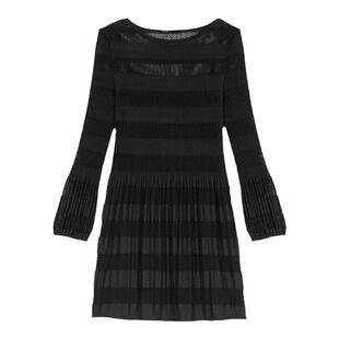 Maje Outlets秋冬女装时尚气质褶皱裙摆条纹网眼镂空连衣裙两件套