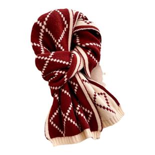 针织毛线围巾女生冬季红色菱格子短小围脖护颈保暖可爱少女ins潮