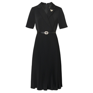 Lakoradior拉珂蒂商场同款时尚黑色蝴蝶装饰西装领短袖连衣裙女装