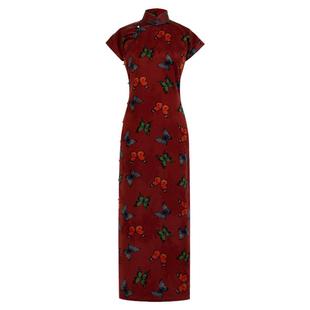 翩然记梦丨一城风絮丨真丝红云纱复古民国风彩色蝴蝶印花旗袍