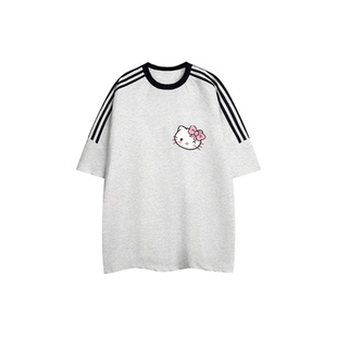 美式卡通kt猫三条杠纯棉短袖t恤男女夏季新款宽松大码复古ins上衣
