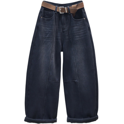 冬季加绒加厚宽松牛仔裤女高腰