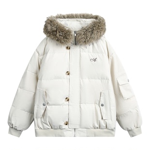 男道美式90白鸭绒冬季连帽毛领羽绒服男女冬季保暖加厚面包服外套