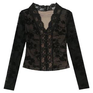 加绒网纱打底衫女秋冬欧货性感V领蕾丝衫女长袖紧身内搭洋气上衣