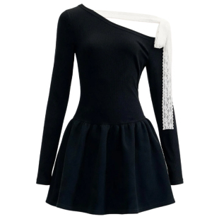【现货】易碎商店·黑白协奏 撞色一字斜肩绑带连衣裙修身礼服裙