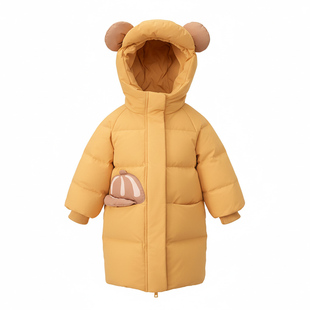 鸭鸭中长款儿童羽绒服2025年冬季新款男女童可爱印花连帽鸭绒外套