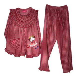 凯舒娜睡衣纯棉新款秋季格子女款印花甜美对襟家居服红色长袖长裤