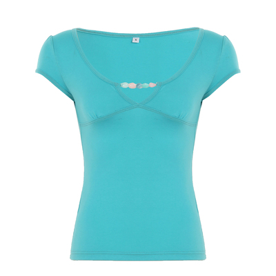 WEEKEEP 夏日多巴胺纯色串珠镂空V领低胸短袖T恤女百搭收腰上衣