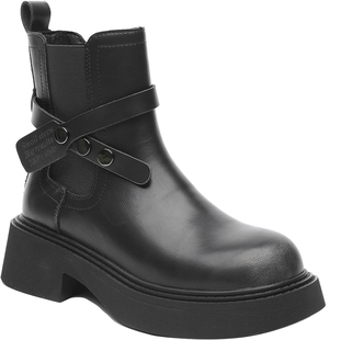 月芽儿秋冬新款粗跟圆头切尔西靴复古一脚蹬短靴增高时装鞋女