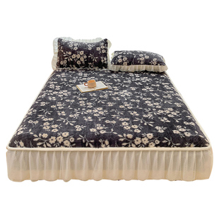 法式碎花兔毛绒床笠单件冬天加厚加绒床罩带裙边床垫保护罩三件套