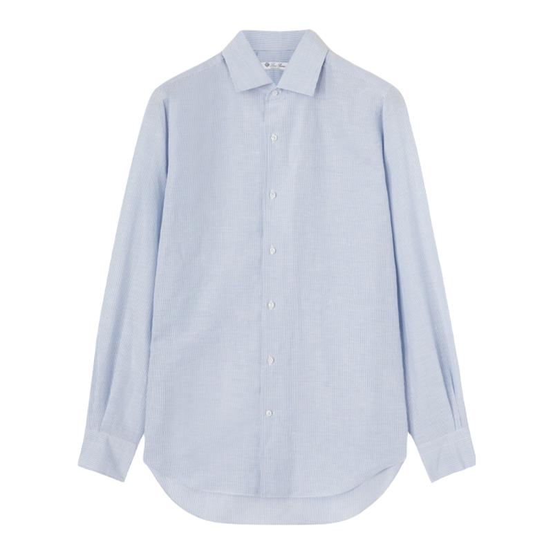 Loro Piana/诺悠翩雅男装条纹图案亚麻和棉质尖领长袖衬衫