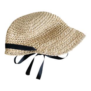 婴儿帽子夏季可折叠手工编织草编帽宝宝韩系防晒软檐绑带儿童帽子