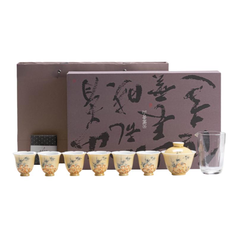 杏黄釉太湖石竹子茶具功夫茶具