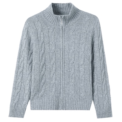 高端品牌100纯羊毛针织开衫女2025秋冬双头拉链麻花翻领毛衣外套