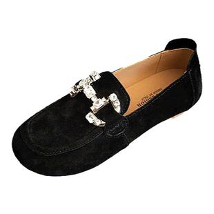 24春秋新款真皮豆豆鞋水钻圆头休闲百搭一脚蹬乐福鞋磨砂皮女单鞋