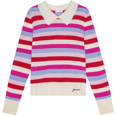 GANNI女装 拼色条纹印花POLO领针织打底衫长袖内搭 K2114135