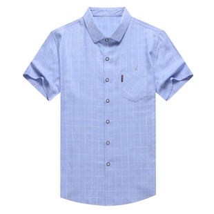 花花公子纯棉短袖衬衫男士中年薄款高端免烫格子半袖衬衣爸爸夏装