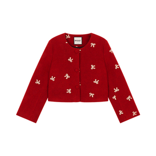 Amybaby女童套装冬季2025新款复古刺绣蝴蝶呢子包臀裙外套背心裙