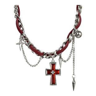 十字架铆钉皮绳缠绕choker小众设计流苏项链y2k亚比配饰甜酷颈链