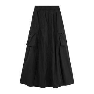 MISSCOCOON黑色褶皱肌理感伞裙立体风琴褶口袋半身裙