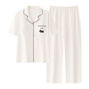 芬腾可安睡衣女款2026新款夏季纯棉带胸垫短袖长裤内敛家居服夏天