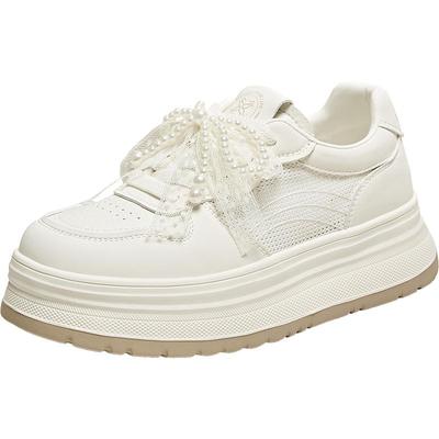 百思图25夏新款珍珠网面透气小白鞋板鞋松糕厚底女休闲鞋W0801BM5