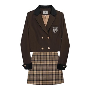 车厘子jk【绯闻女孩】原创套装女短款西服外套格纹半身短裙两件套