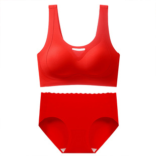 古今红色本命年无钢圈聚拢文胸薄款内衣套装新娘结婚大码内裤马年