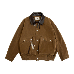 春秋哈灵顿仿麂皮工装翻领复古短宽松情侣机车PU皮衣外套男夹克