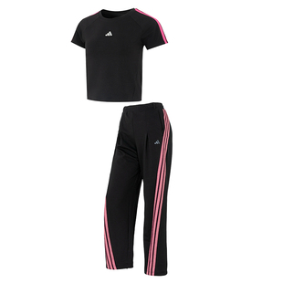Adidas阿迪达斯女装运动套装 2026春夏新款黑粉圆领短袖运动长裤
