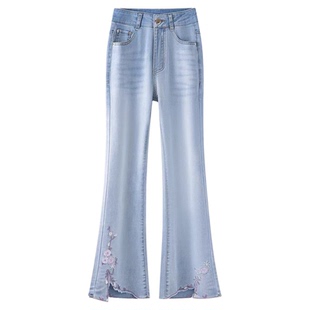 浅蓝色刺绣牛仔微喇裤女夏季超薄款小个子高腰九分弹力开叉喇叭裤
