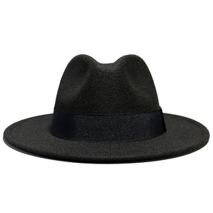 复古上海滩平沿礼帽黑色英伦爵士帽大檐绅士帽百搭毛呢毡帽子