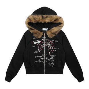 千禧风y2k轻亚上衣涂鸦印花毛毛领连帽卫衣女秋冬宽松开衫外套ins