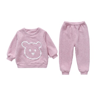 男女童家居服套装秋季新款儿童毛绒睡衣圆领上衣两件套秋冬季保暖